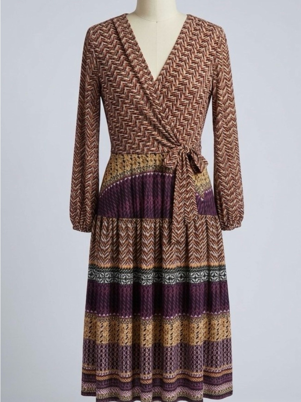 Robbie Bee Brown & Purple Wrap Midi Dress with Tie Waist